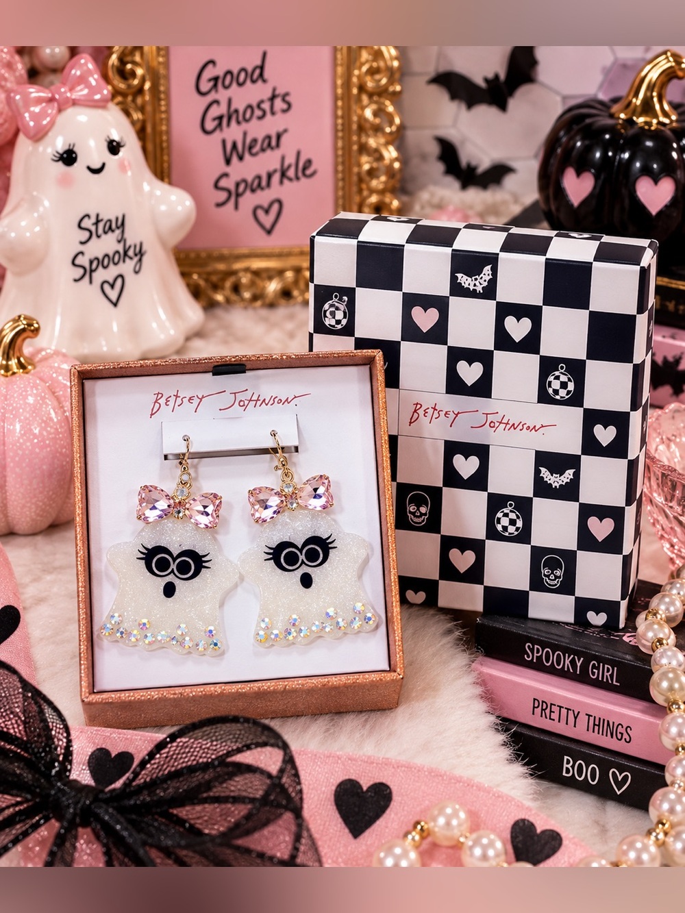Betsey Johnson White Glitter Ghost Earrings with Pink Bow Accents NWT